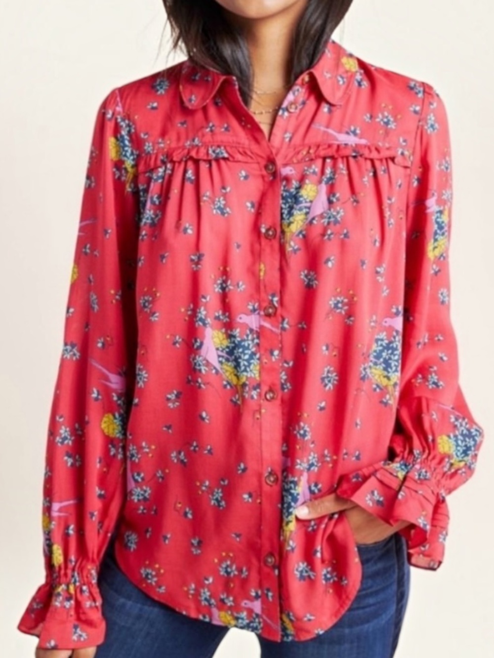 EUC {Maeve · Anthro} Red & Pink Button Down Floral + Birds Blouse | 6 · Small